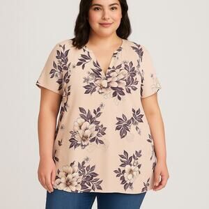Torrid Floral Tunic Top Blouse Size 1 (US 14/16)  Plus Short Sleeve Pink V-Neck